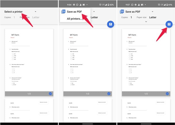 Change printer destination to Save as PDF on Android