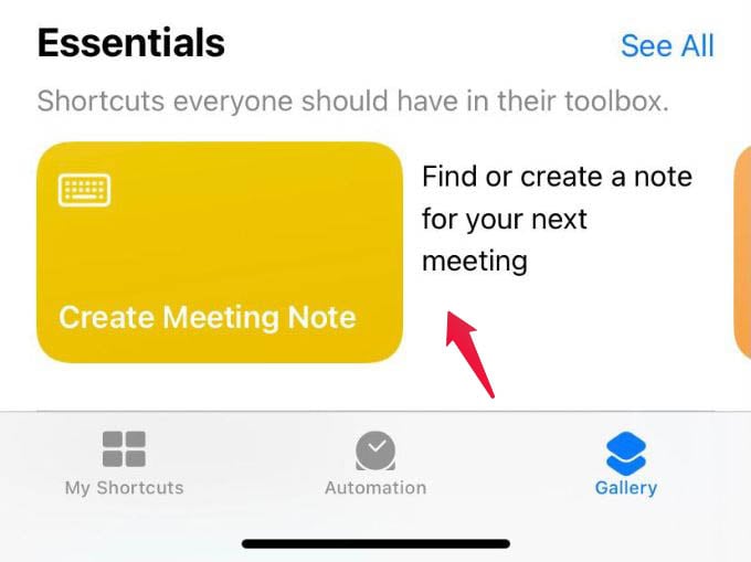 Create Meeting Note Shortcut from Shortcuts Gallery on iPhone