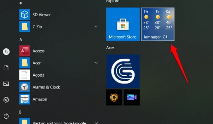 weather live tile widget in windows start menu