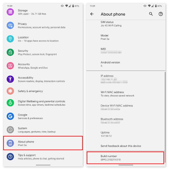 Enable Developer options Android 12