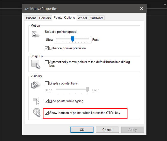 Find Mouse Pointer in Windows 10 When Pressed Ctrl Key