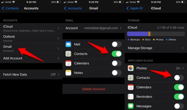 enable gmail contacts sync and disable icloud contacts sync
