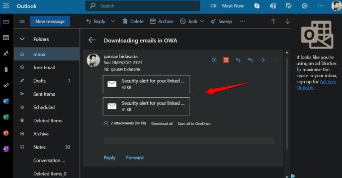 attached emails in OWA new email to download