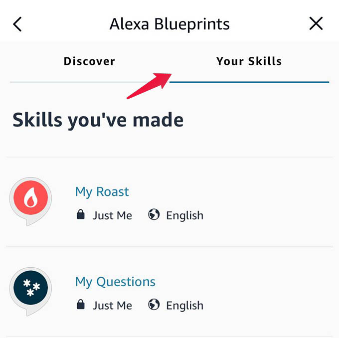 Alexa Blueprints Your Skills Screen