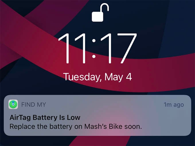 Apple AirTag Low Battery Notification on iPhone