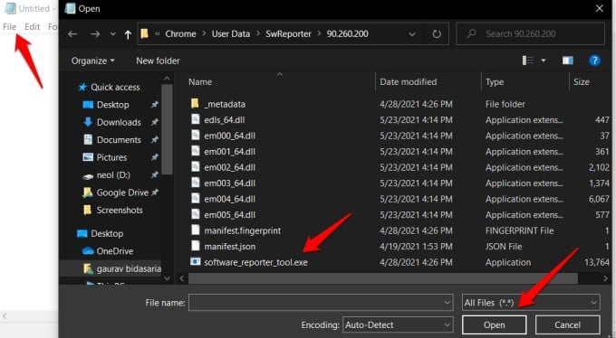 open software_reporter_tool in notepad on windows