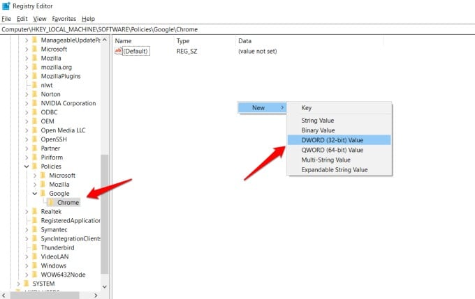 creating new chrome policy in registry editor in windows