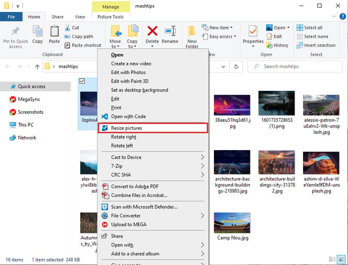 Context menu image resizer in Windows 10