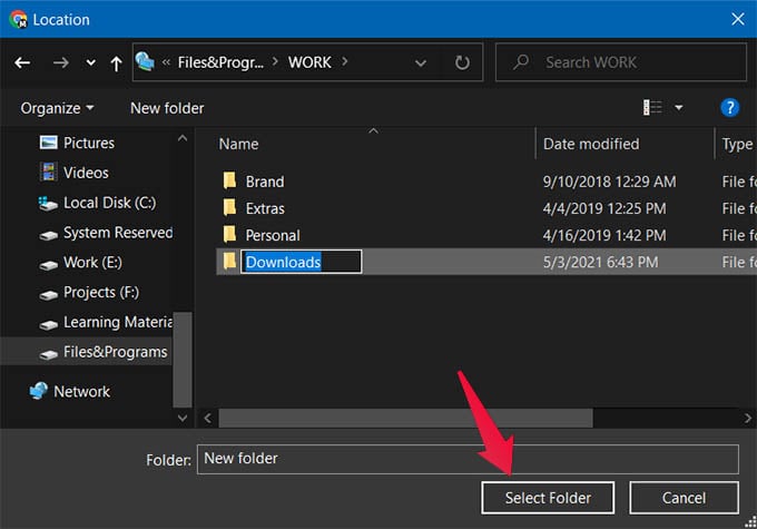 Select Folder in Windows 10 New Download Location