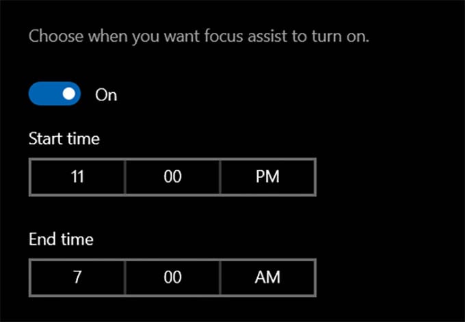 Set Time to Schedule Windows 10 Focus Assist