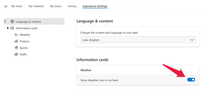 show weather card in my feed on Microsoft account