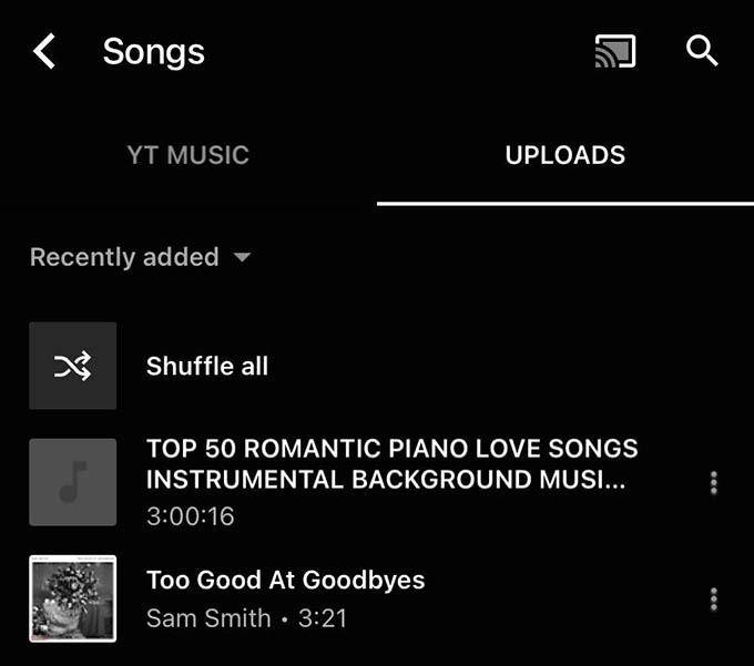 YouTube Music Mobile Uploads Library