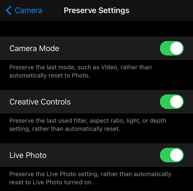 iPhone Preserve Camera Mode Settings