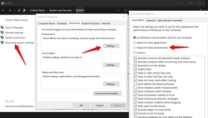 enable 'adjust for best performance' in windows 10