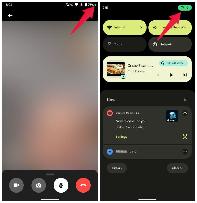 Android 12 camera and microphone indicators