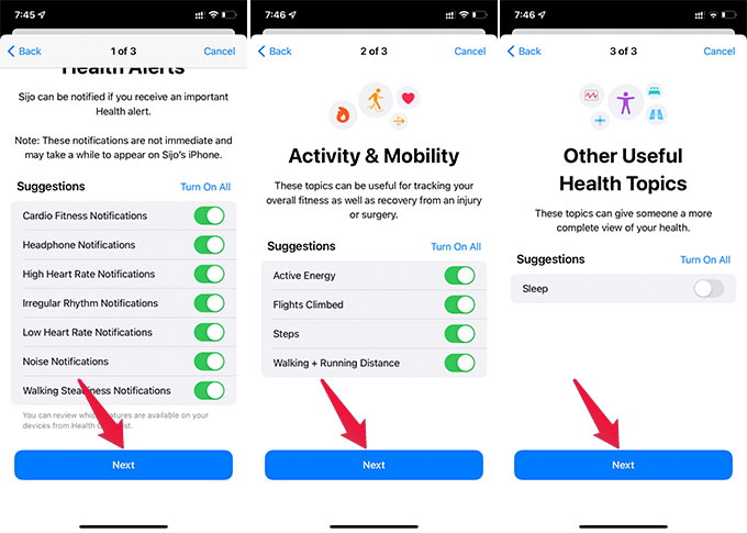 Apple Health Data Sharing on iPhone Choose Topics to Share