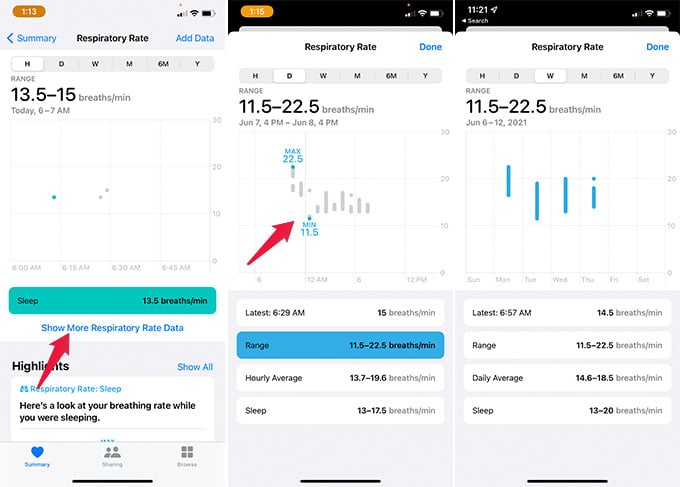 Find Sleep Respiratory Rate Graph on iPhone health App