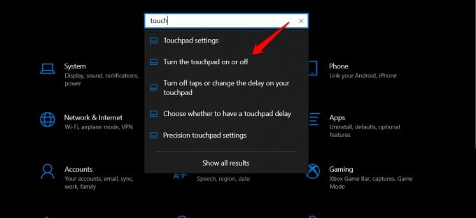 touchpad settings in windows 10