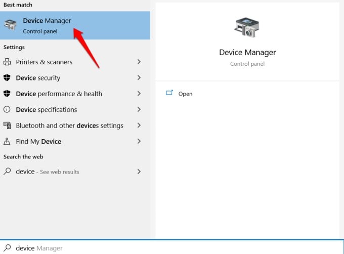 open device manager from windows search