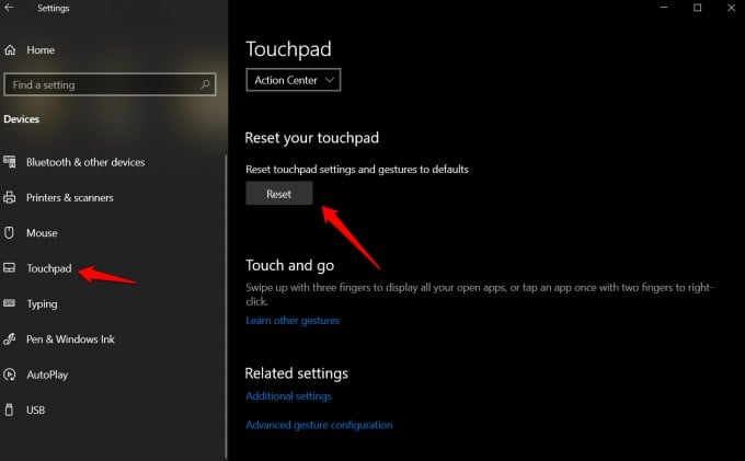 reset touchpad in windows settings