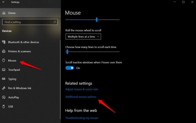 additional mouse settings in windows settings