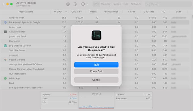 Force Quit Apps from Activity Monitor on Mac
