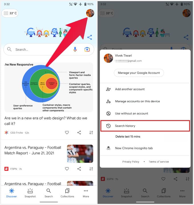 Google Search app menu