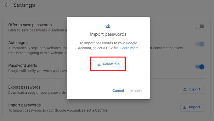 import passwords to Google Chrome from CSV file
