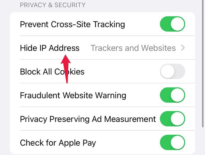 Safari Hide IP Address on iPhone Settings