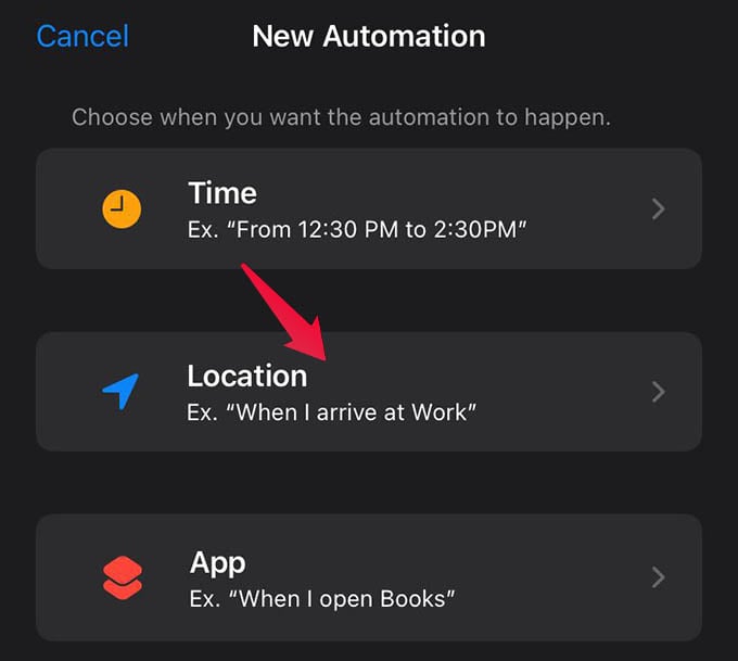 Select Location Trigger for Focus Automation iPhone