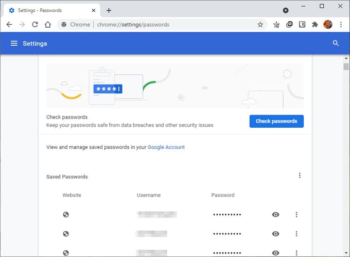 Passwords imported to Google Chrome