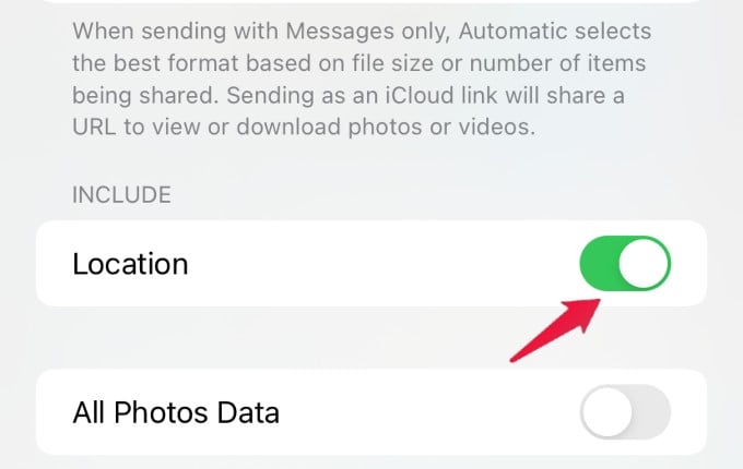 location sharing setting while sending photos