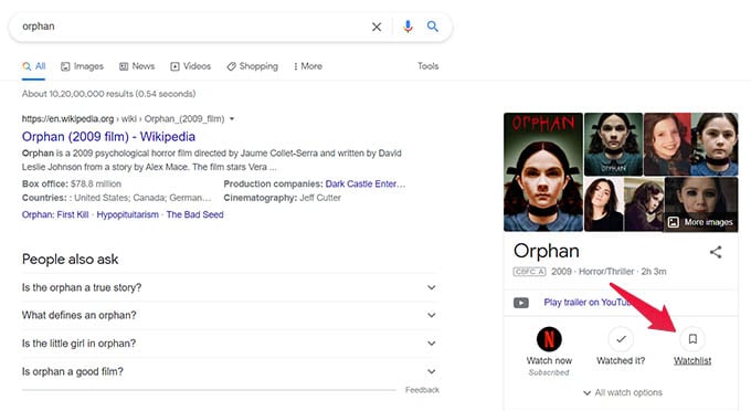 Add Movie to Watchlist in Google Search