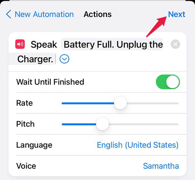 Customize iPhone Shortcut Speak Text Action and Tap Next