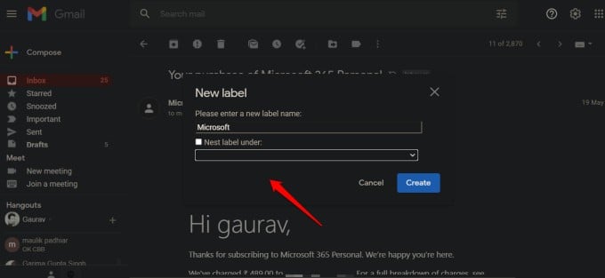 creating nested labels in gmail