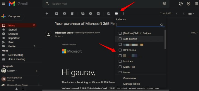 assigning labels to email in gmail before archiving