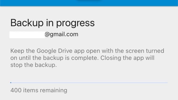 Gdrive backup progress screen