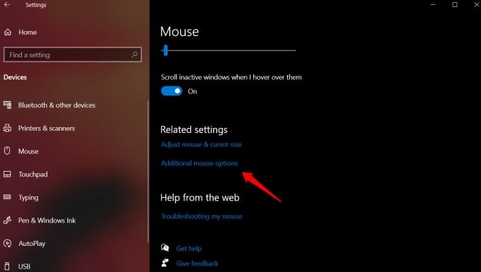 mouse cursor options in windows settings