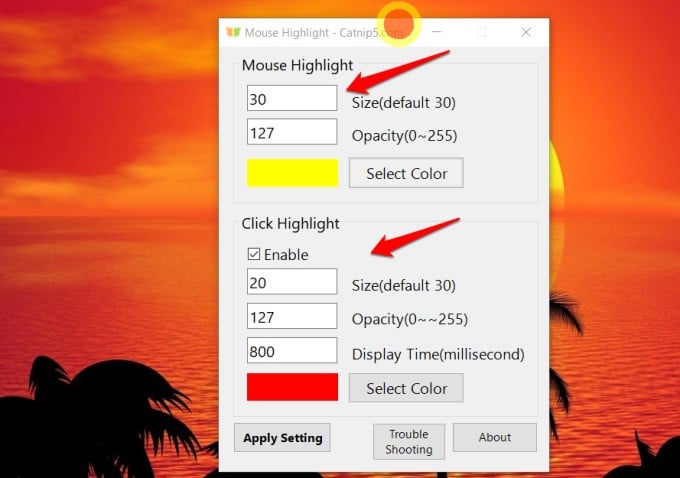 mouse pointer highlight windows app in action