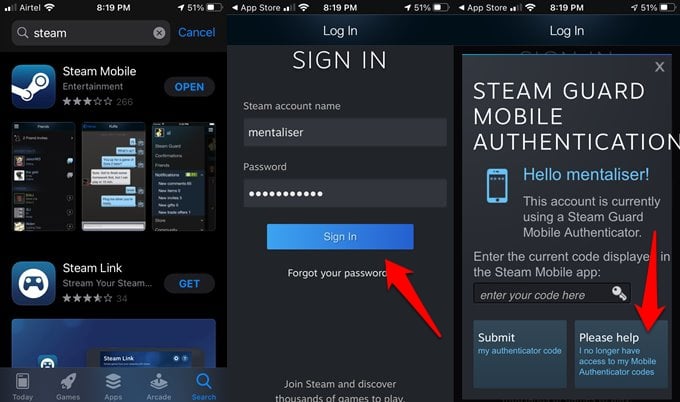 steam guard authenticator forgot codes option