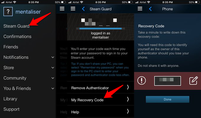 steam guard authenticator recovery code option