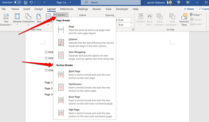 adding section breaks in word 365