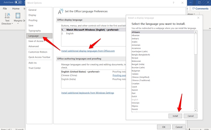 installing new languages in word 365