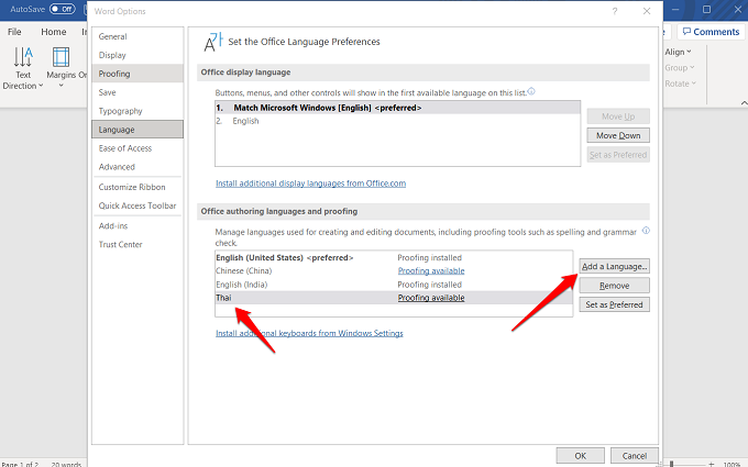 adding an authoring and proofing language in word 365