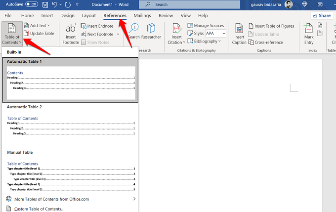 creating a table of contents in word 365