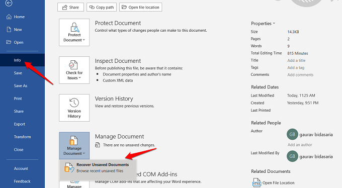 recover unsaved documents option in word 365