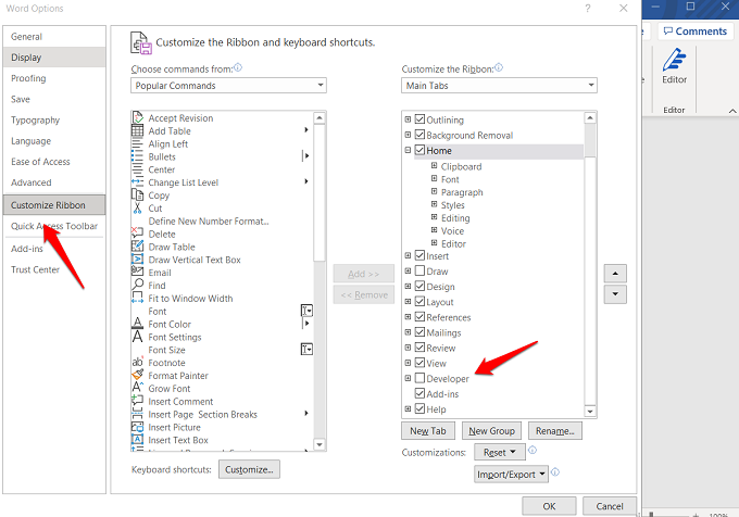 enable developer option in word 365 menu