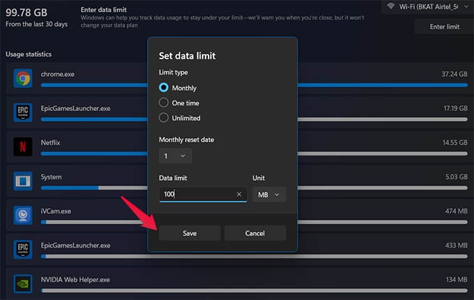 Save Data Limit in Windows 11
