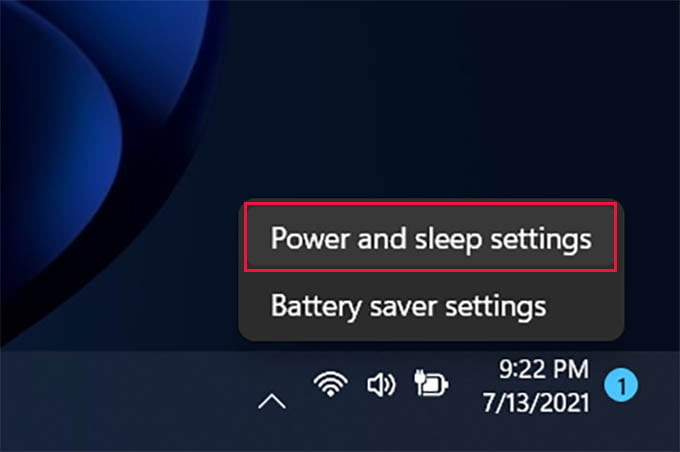 Windows 11 Power and Sleep Settings from Taskbar
