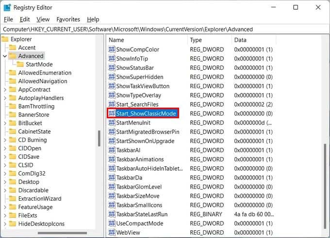 Registry value to enable classic start menu in Windows 11